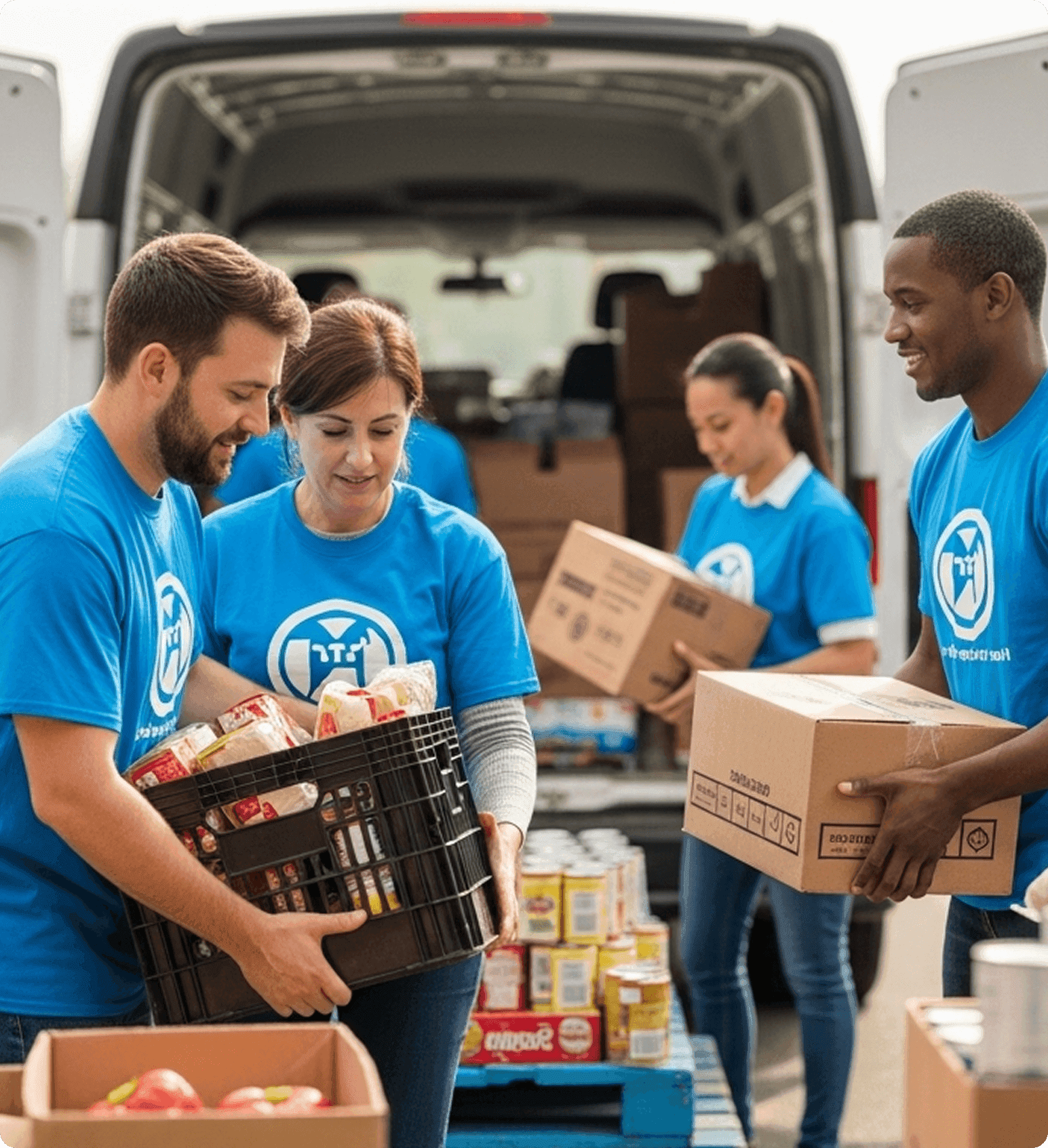 Volunteers unloading food donations from a van for a charity drive.