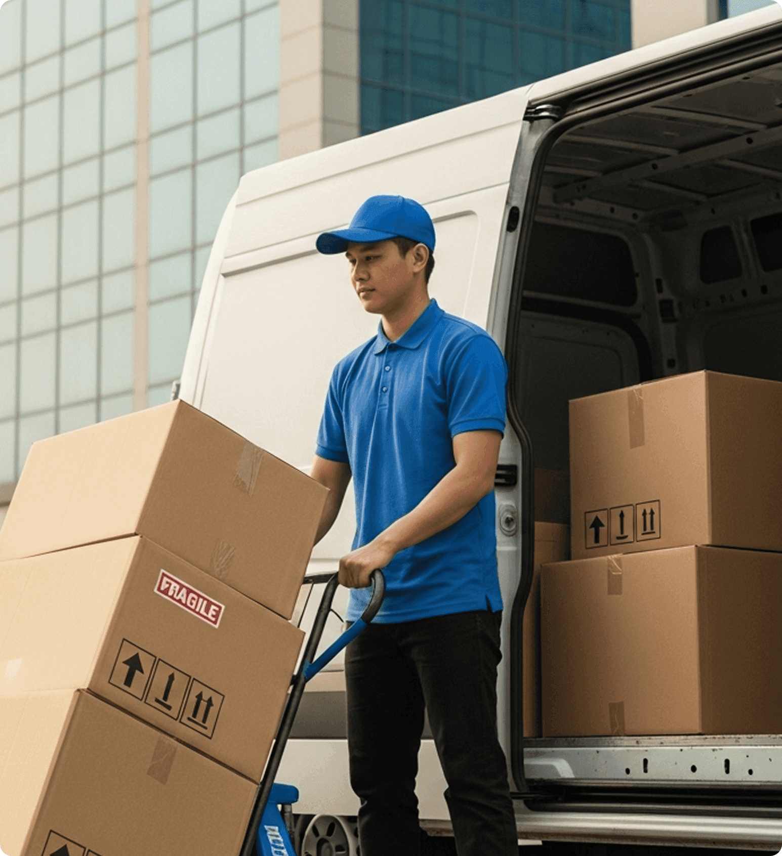 Delivery worker unloading large boxes from a van using a hand truck.