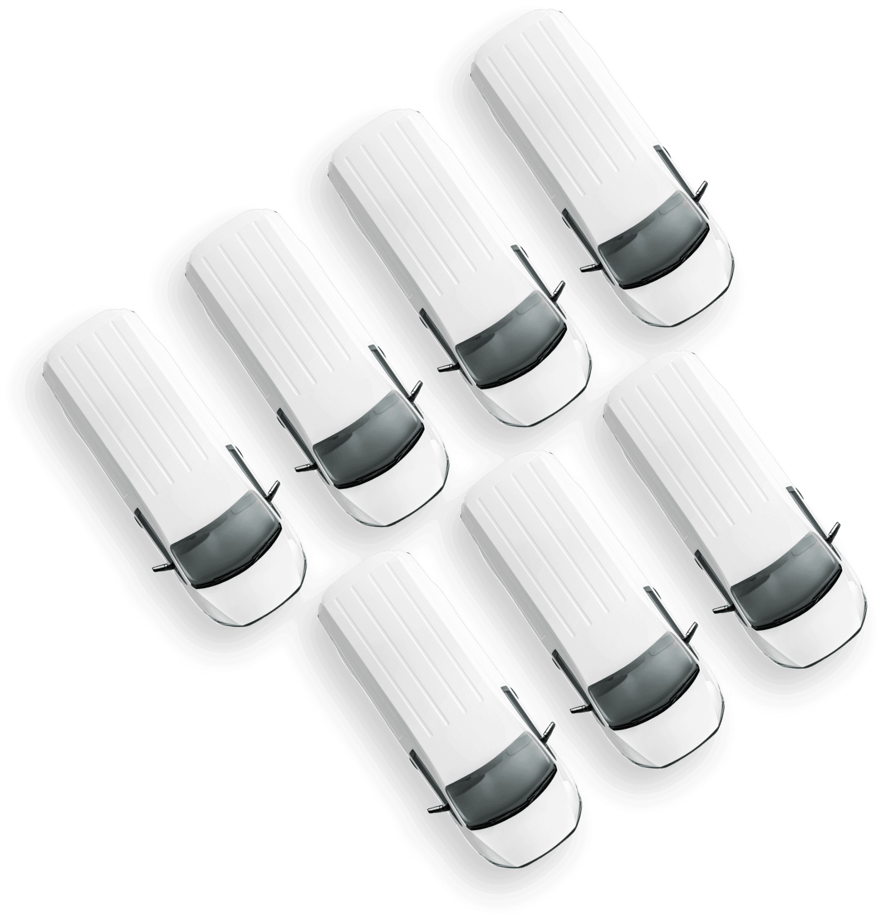 Seven white vans arranged in rows