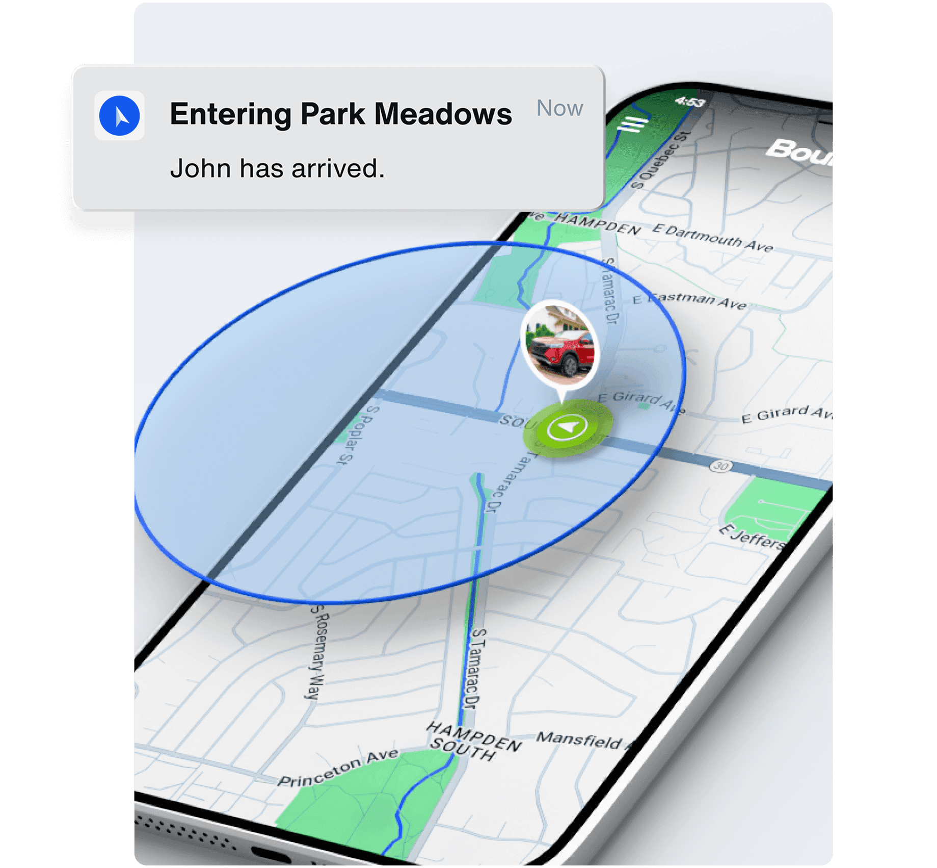 Map interface displaying a highlighted circular zone with a notification indicating a person has entered the area.