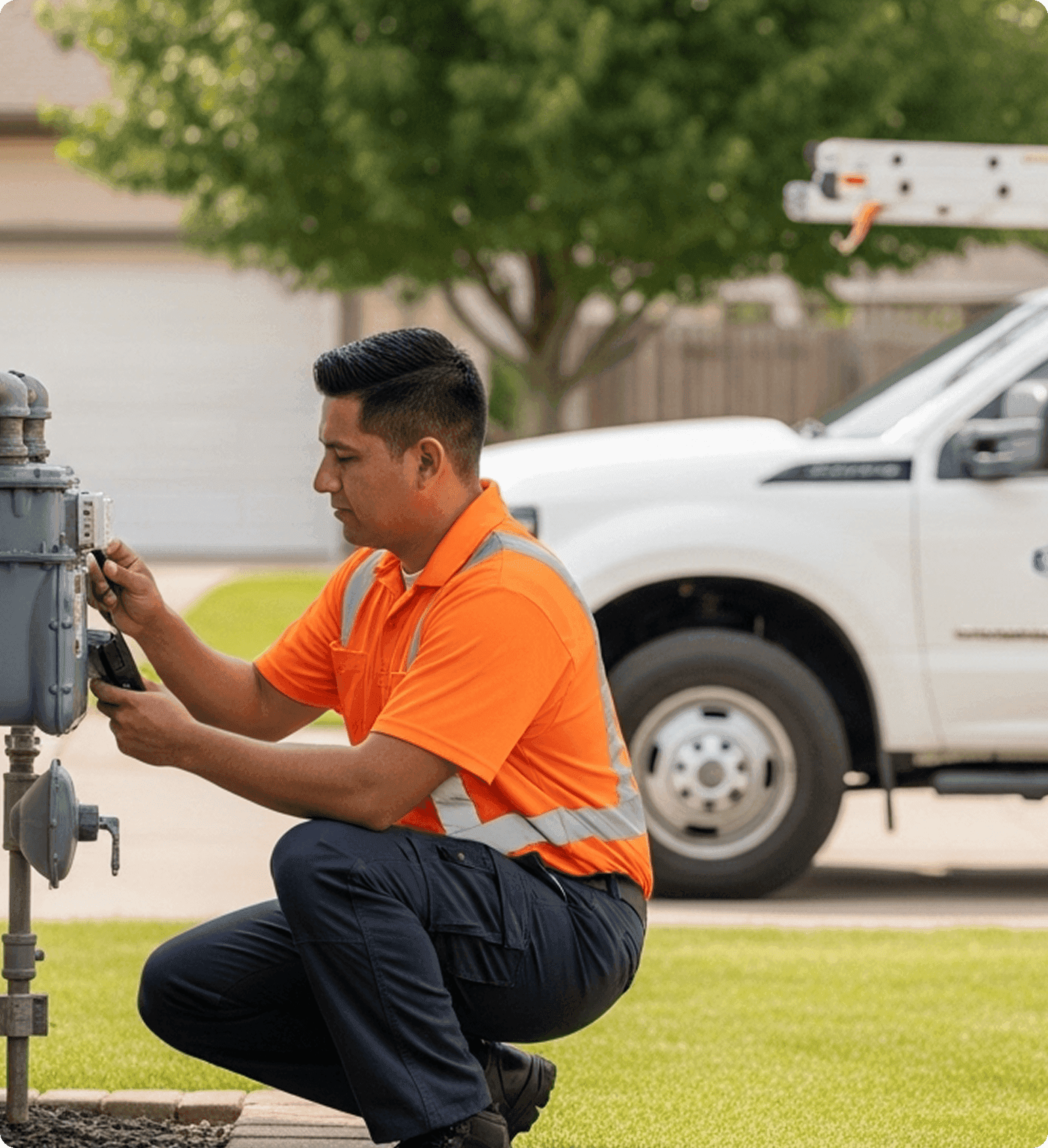 Utility worker inspecting an outdoor gas meter.