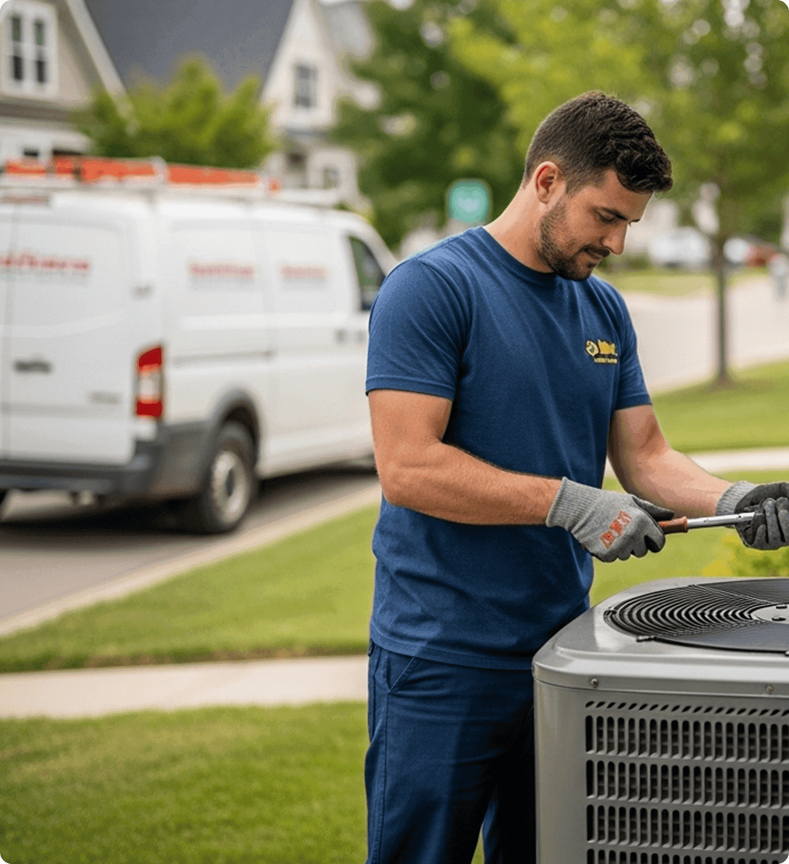 Technician inspecting an outdoor HVAC unit near a house.