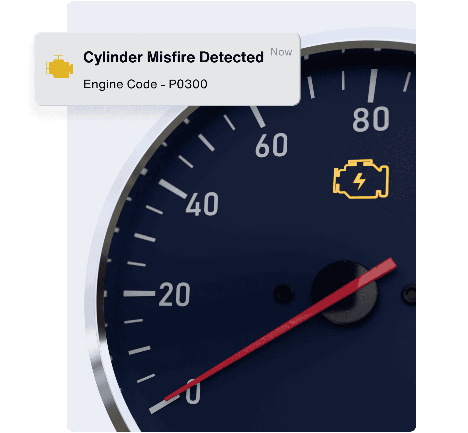 Dashboard speedometer with a warning light and alert for engine trouble, showing a detected cylinder misfire code.