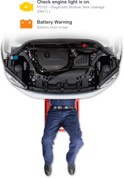 Examples of diagnostic codes above a mechanic working on car